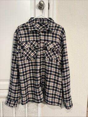Plaid Button-Up Shirt in Black and Cream